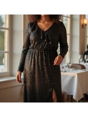 BloomChic Black Sequin V-Neck Maxi Dress with Front Slit